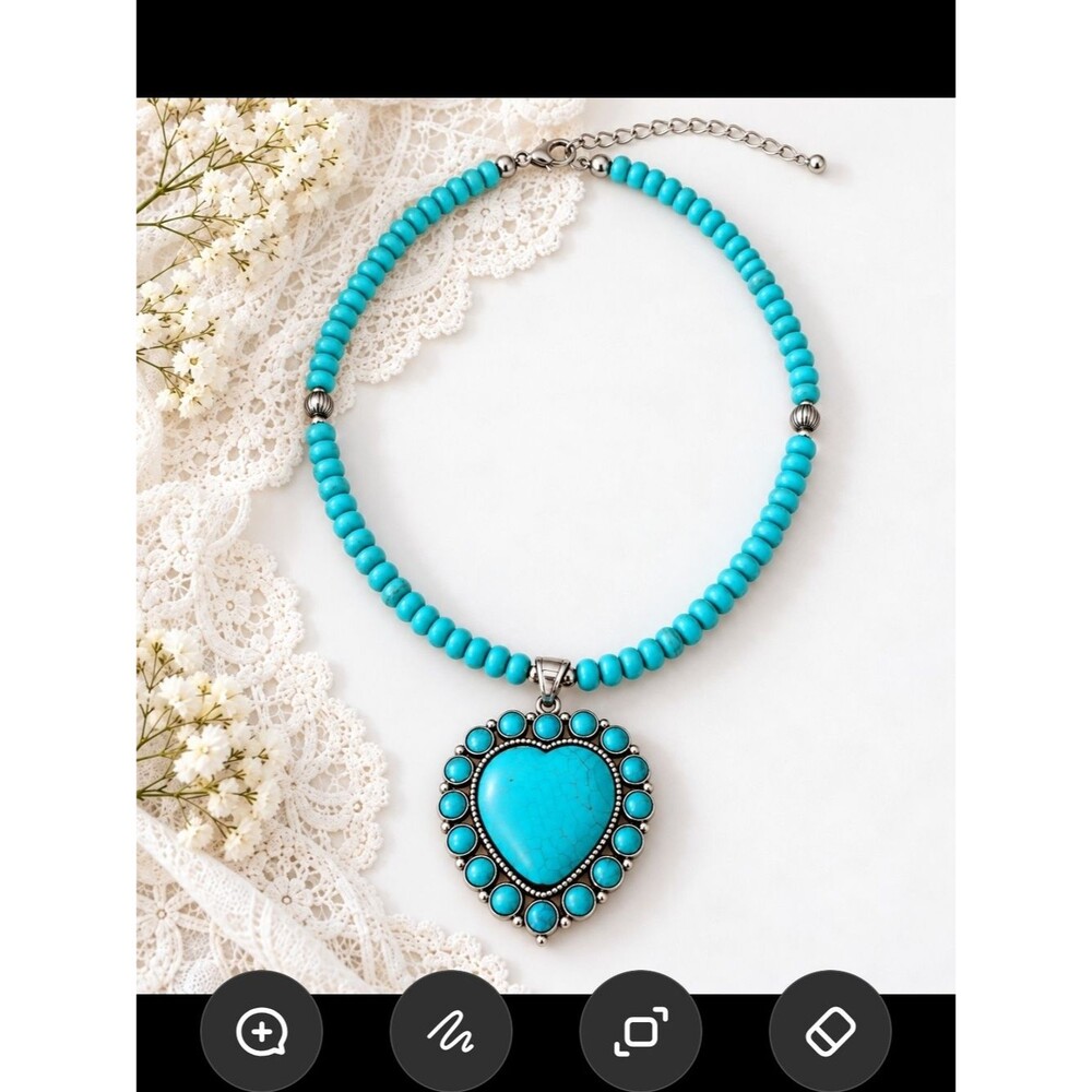 Turquoise Heart Bead Necklace - Women Jewelry - Picture 2 of 3
